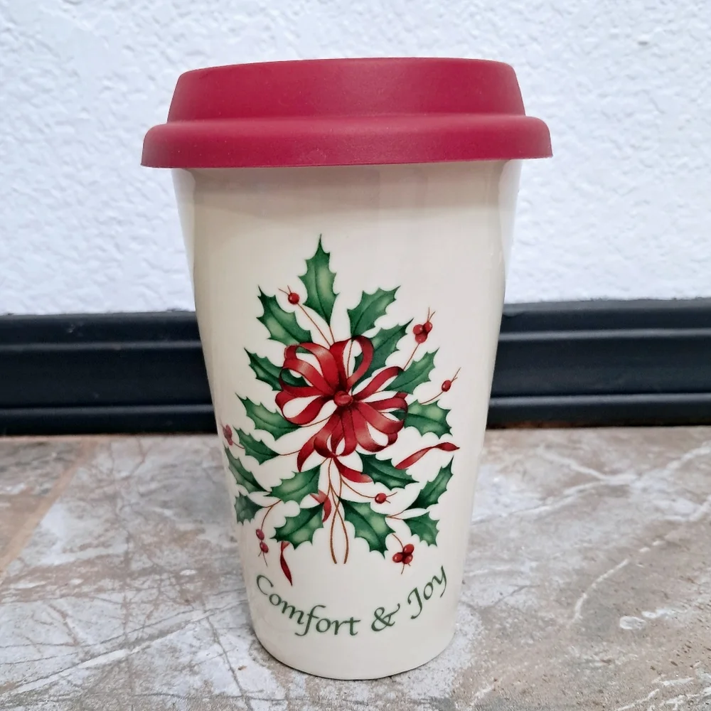 Lenox Ceramic Mug Holiday Edition Reuseable Holly Bow Pattern Collectible